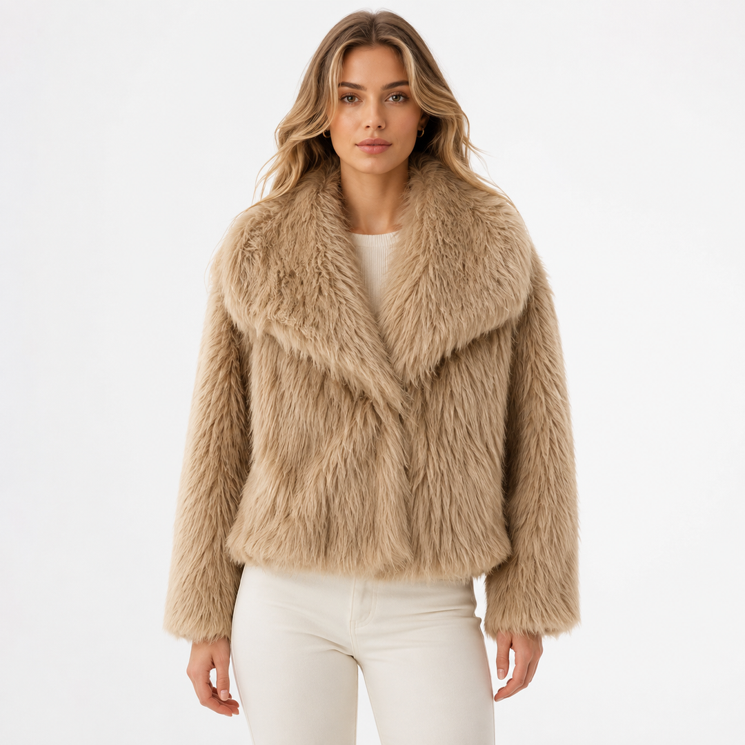 Winter plush coat for women in beige, front studio view with fluffy lapel and long sleeves