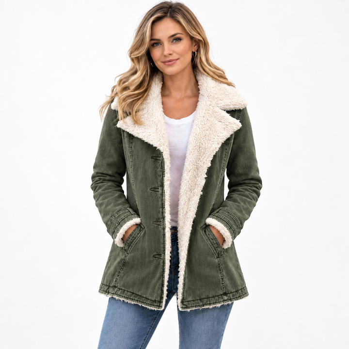 women fleece cotton padded jacket army green front studio model