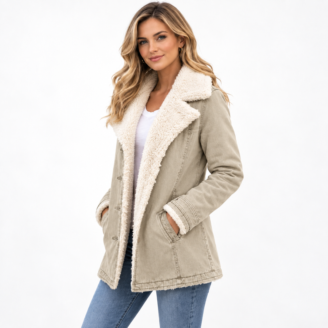 women fleece cotton padded jacket beige side fit studio model