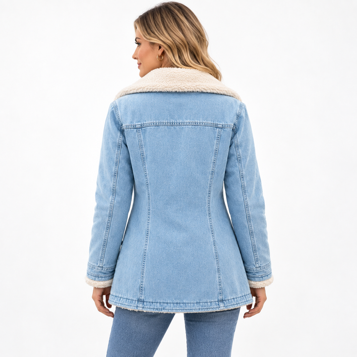 women fleece cotton padded jacket blue back view studio model