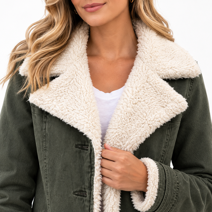 women fleece cotton padded jacket army green collar closure detail