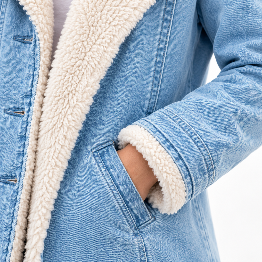 women fleece cotton padded jacket blue fleece cuff seam detail