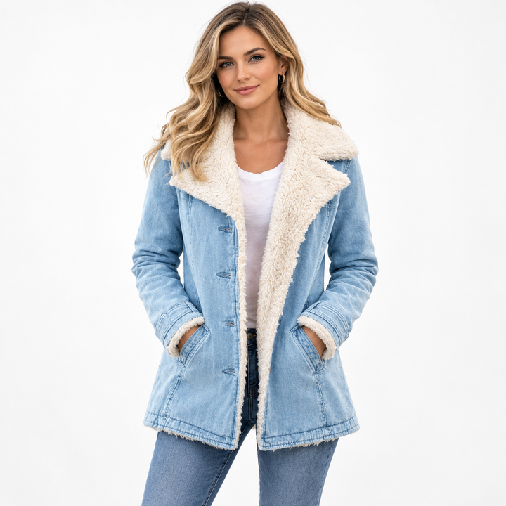 women fleece cotton padded jacket blue front studio model