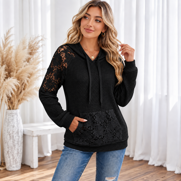 Black lace hoodie alternate front pose showing textured body, hood and floral lace details