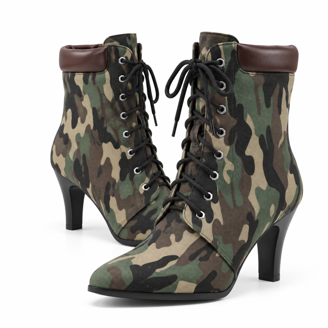 Green camouflage pointed toe lace-up ankle boots with brown collar and black heels