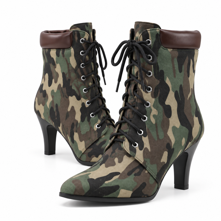 Green camouflage pointed toe lace-up ankle boots with brown collar and black heels