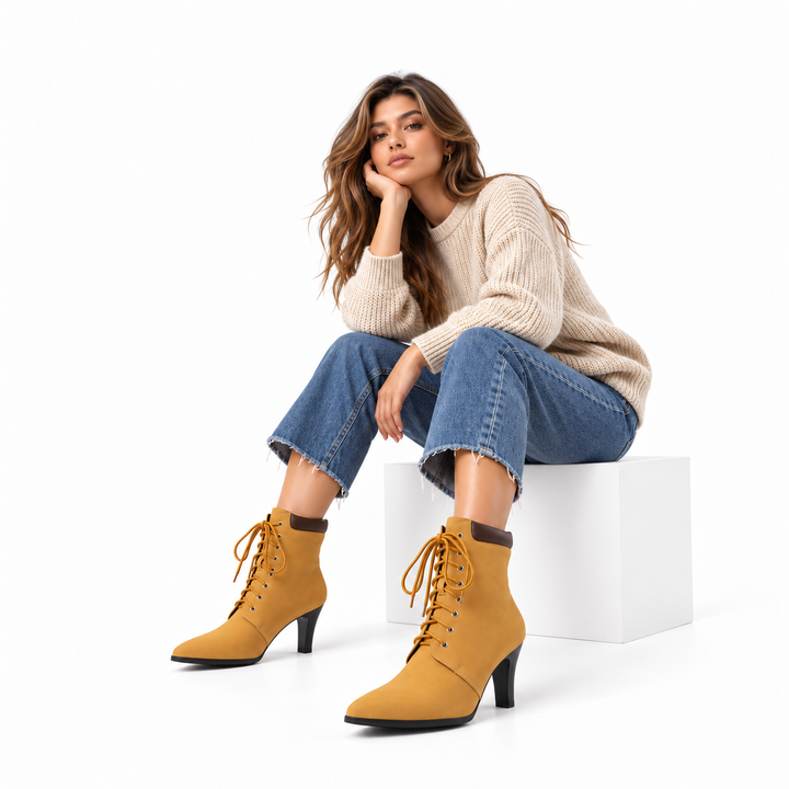Full model wearing yellow pointed toe lace-up ankle boots on a white studio background