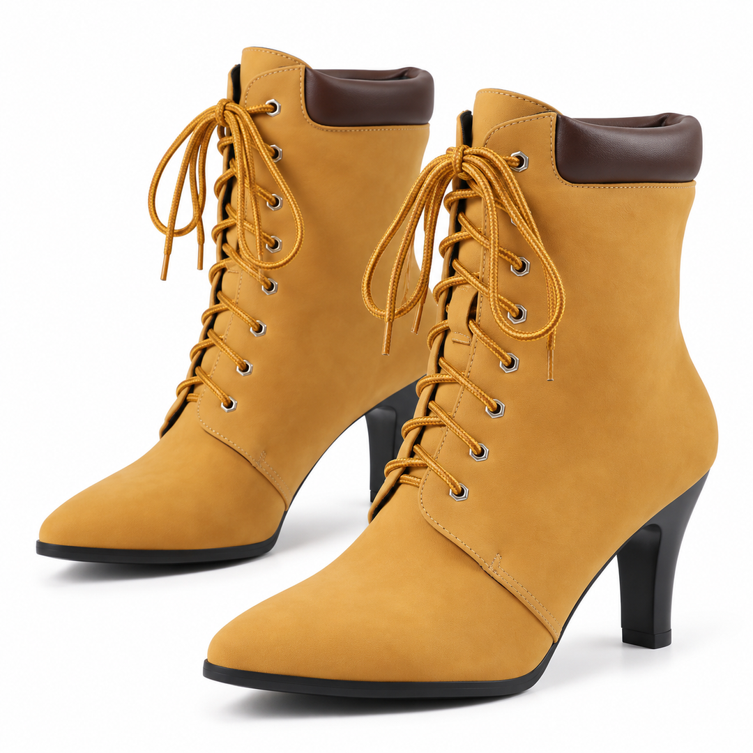 Yellow pointed toe lace-up ankle boots with brown padded collar and black heels