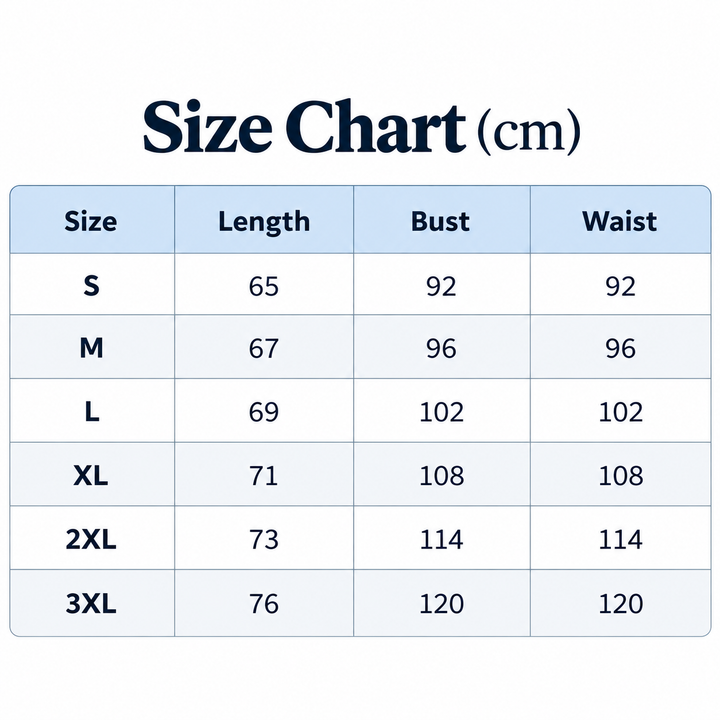 Size chart for hooded sweatshirt with S to 3XL garment measurements in centimeters