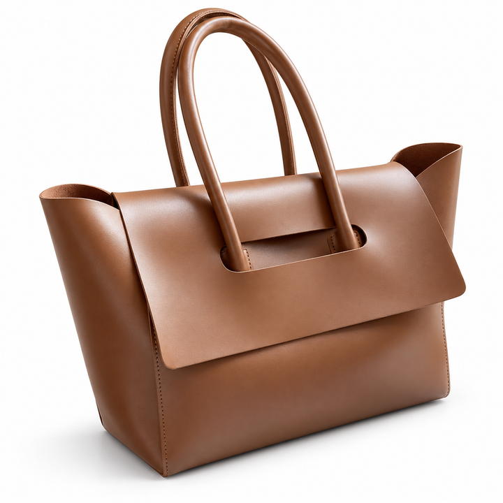 Brown structured tote shown at a front three-quarter angle, with twin rounded handles and the broad flap on white background.