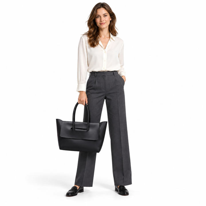 Adult woman wearing a plain ivory blouse and charcoal trousers holds the Black tote in a full-length white studio photograph.