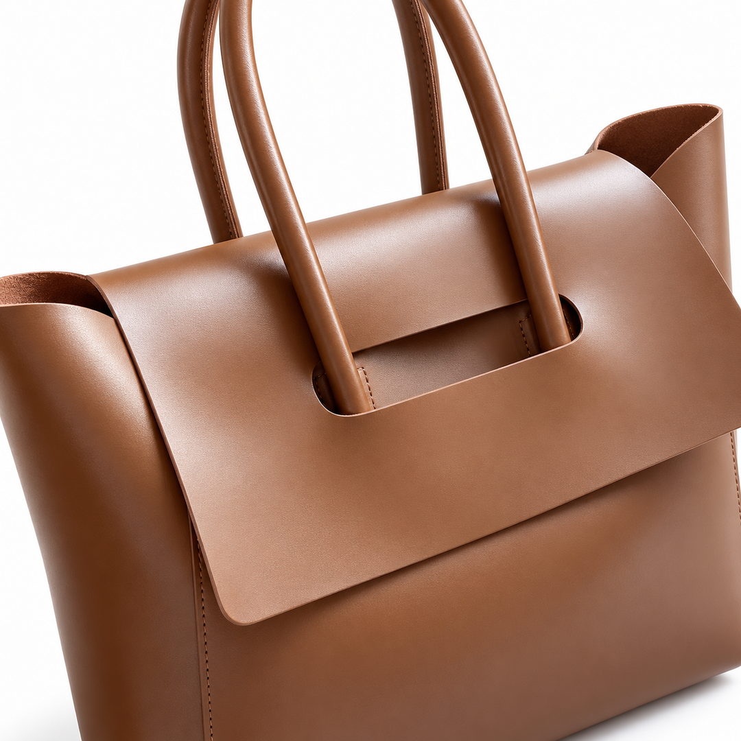 Close-up of Brown tote surface and broad folded front flap, showing the smooth finish and seam placement on white background.