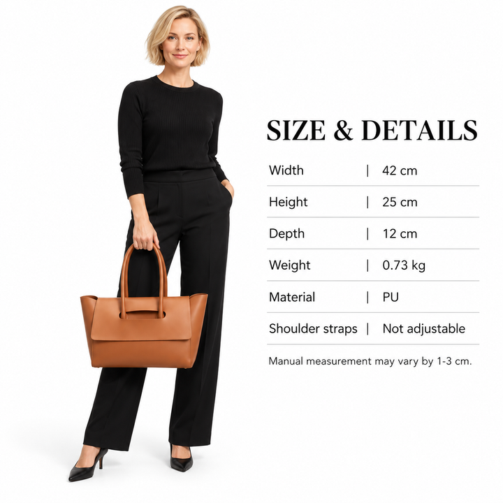 Women shoulder bag, Light Brown with model and English size table: width 42 cm, height 25 cm, depth 12 cm and weight 0.73 kg.