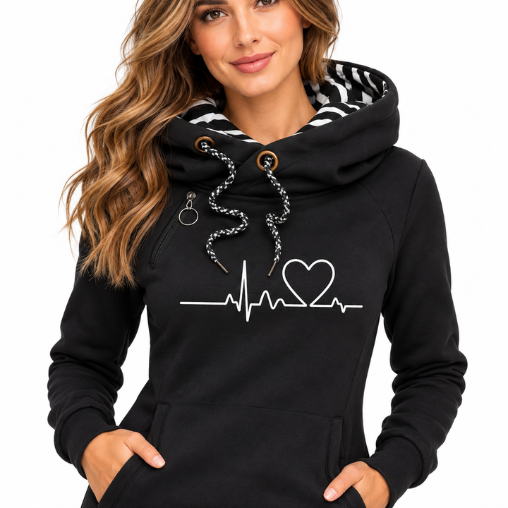 Black graphic pullover close-up showing heartbeat print, hood and drawstring detail