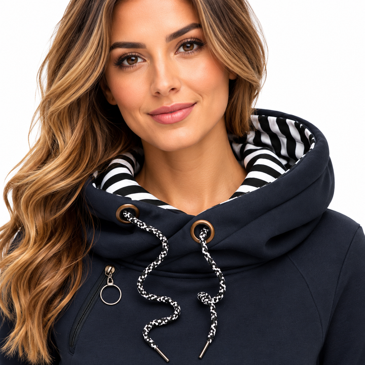 Blue long pullover close-up showing hood lining, drawstrings and neckline details