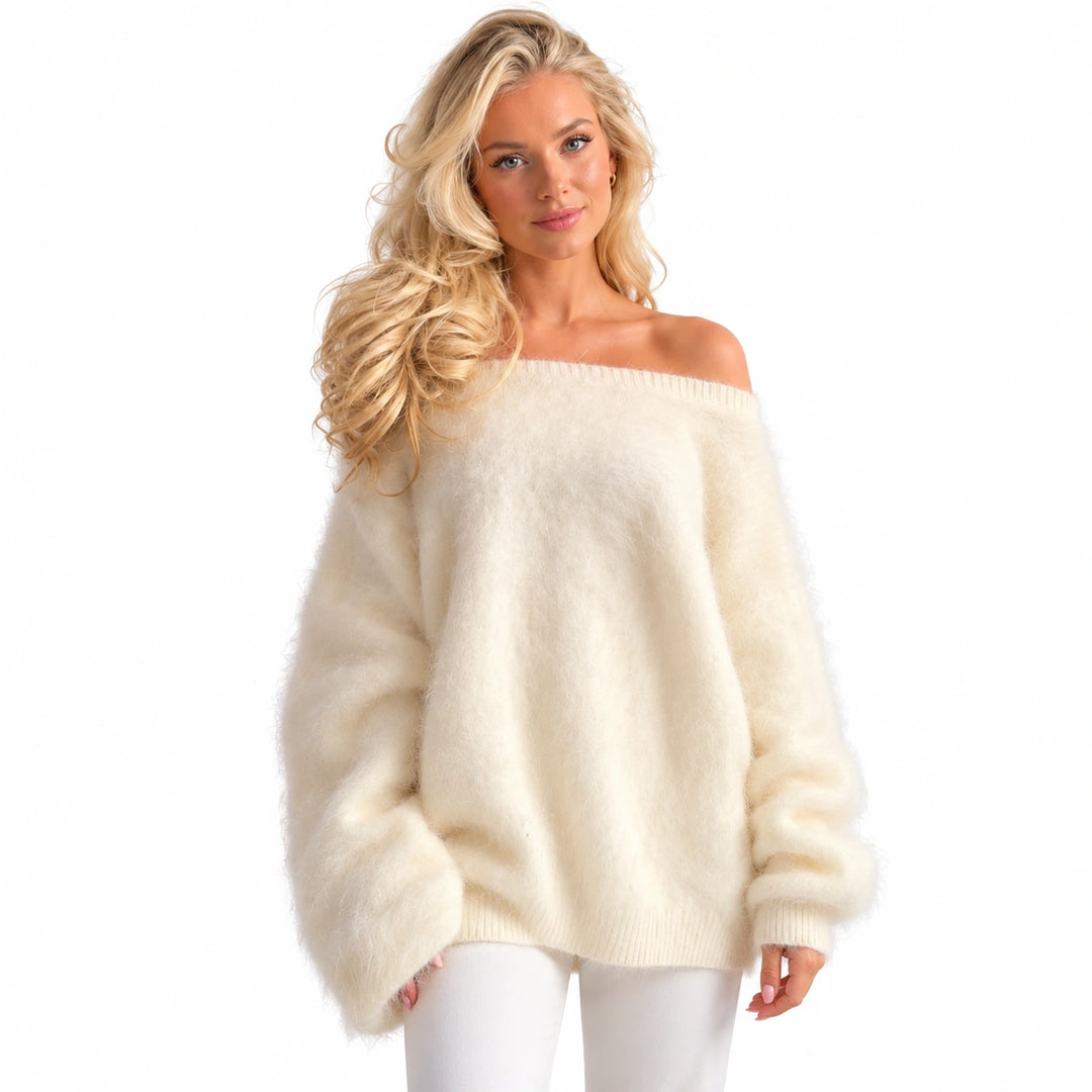 Women's beige asymmetric neck sweater, three-quarter view on a model