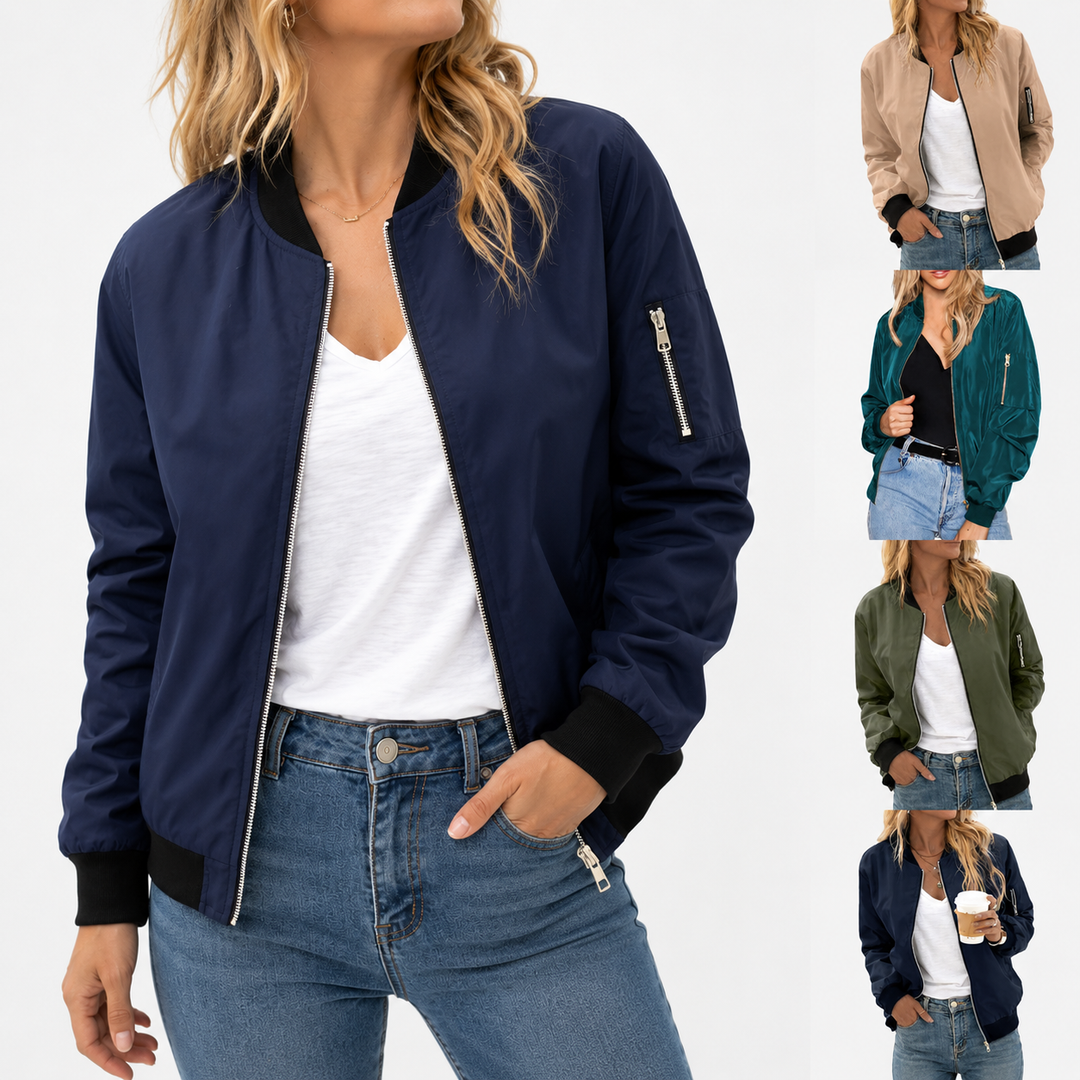 Navy bomber jacket hero view showing zip-front styling, black ribbed trim and sleeve pocket for easy everyday outfit pairing.