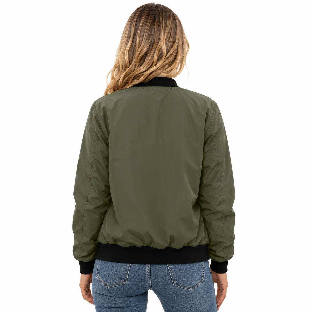 Olive green bomber jacket back view showing the plain rear panel, black ribbed collar and hem, long sleeves and casual shape.