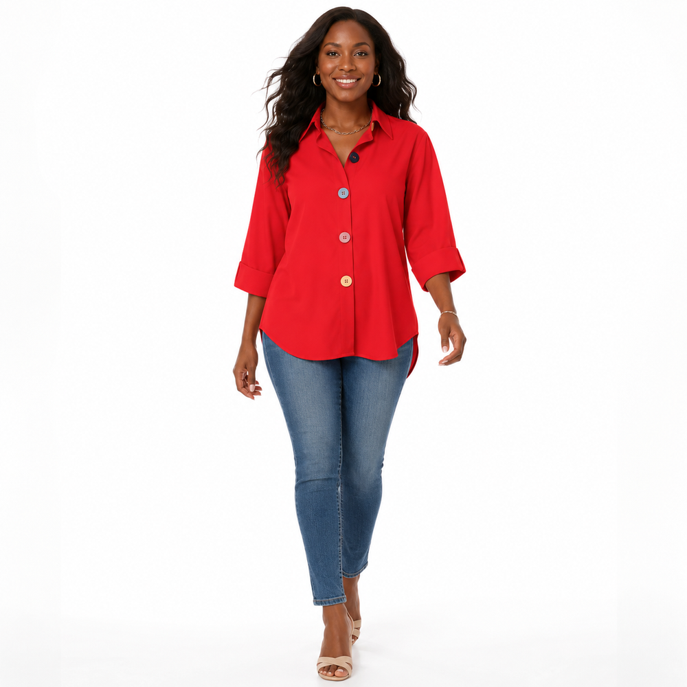 Red women's button down shirt shown on a model in motion, highlighting the loose fit and colorful button-front styling.