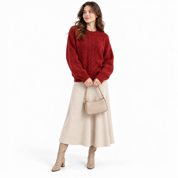 Deep red cable knit sweater with bobble detail, long sleeves and crew neckline