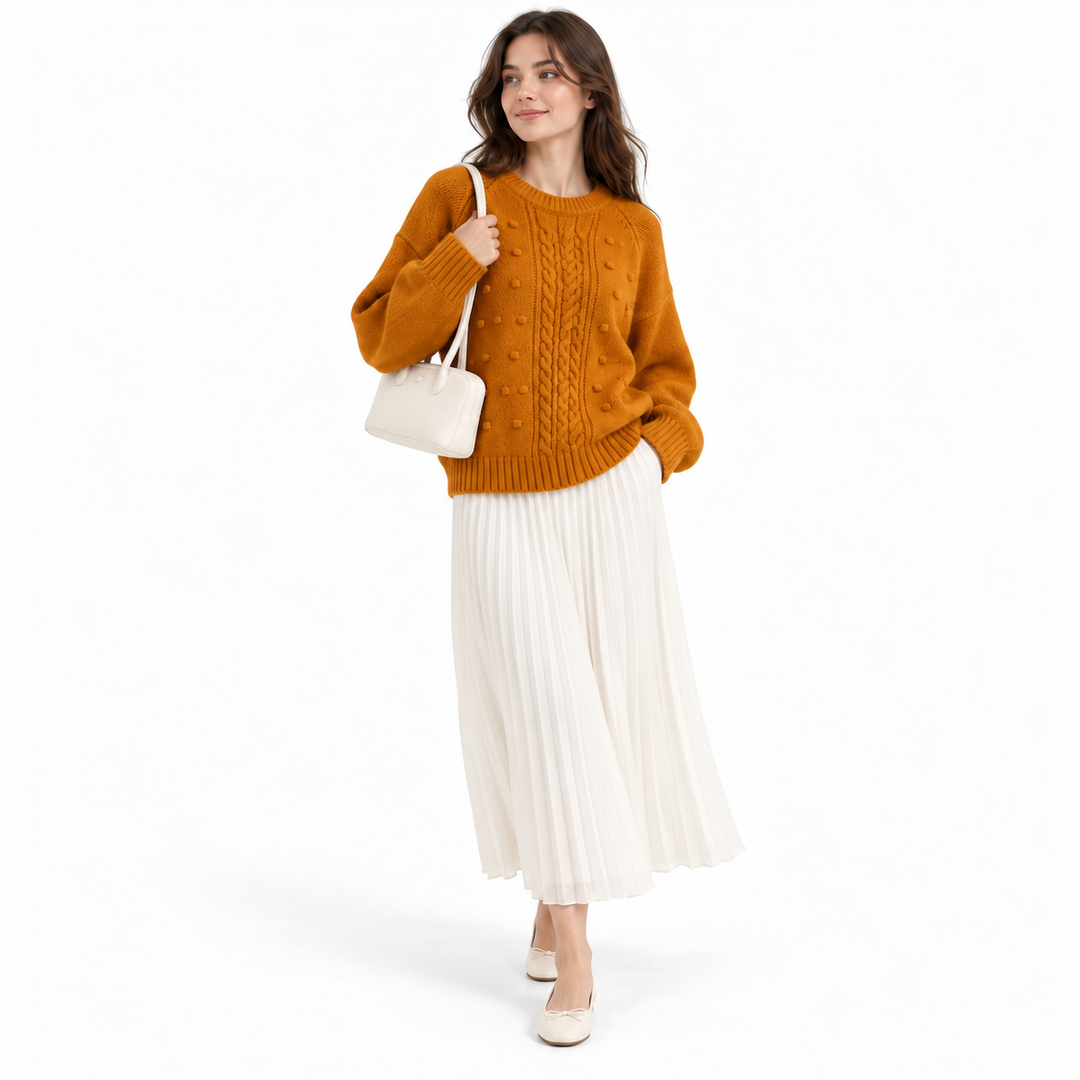 Mustard orange cable knit sweater with bobble detail and long sleeves