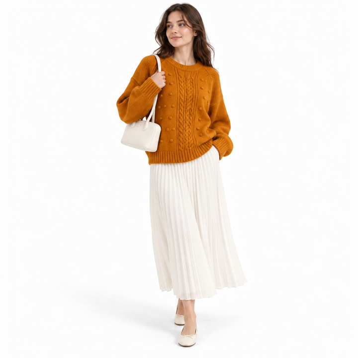 Mustard orange cable knit sweater with bobble detail and long sleeves