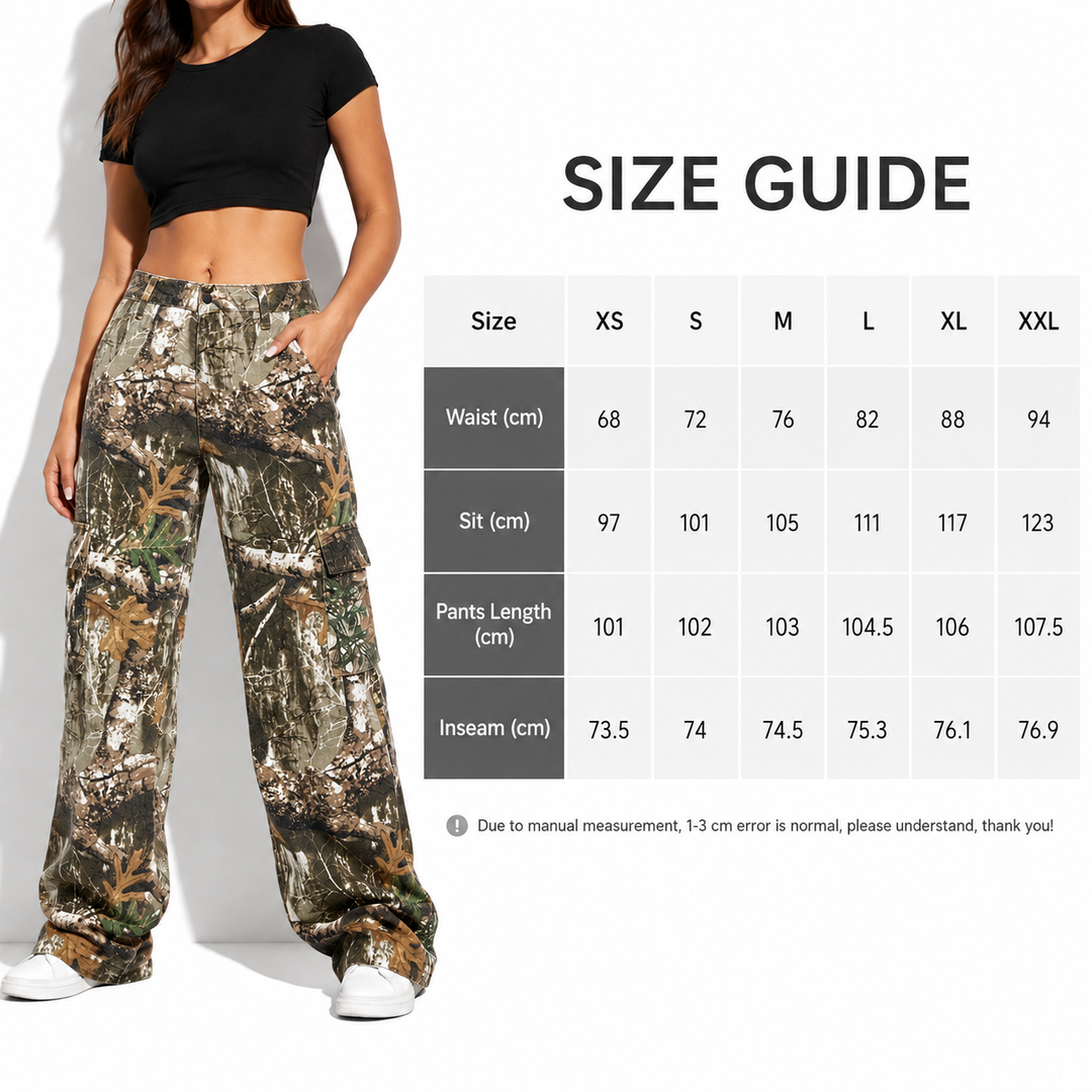 Wide leg camouflage pants for women size guide with verified variants XS through 2XL for clearer online size selection guide.