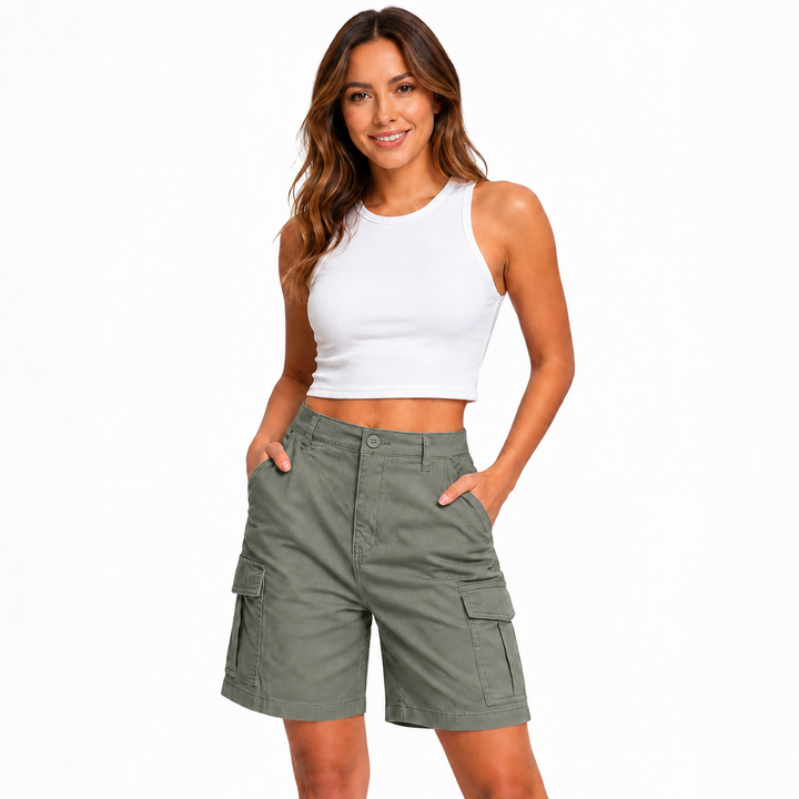 Army green multi-pocket shorts on a female model in a clean studio hero view, highlighting the solid color and cargo styling.
