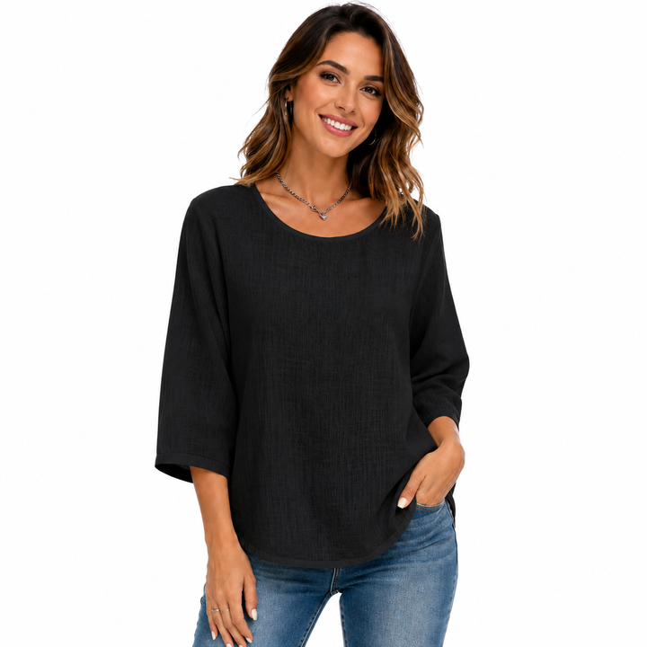 Black casual crew neck top with three-quarter sleeves and relaxed silhouette, displayed clearly for clear product comparison.