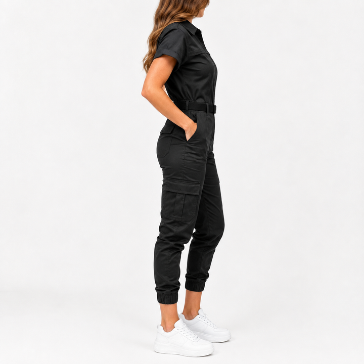Black utility jumpsuit side view showing fitted waist cargo-style pocket and tapered leg with elastic for shopping reference.