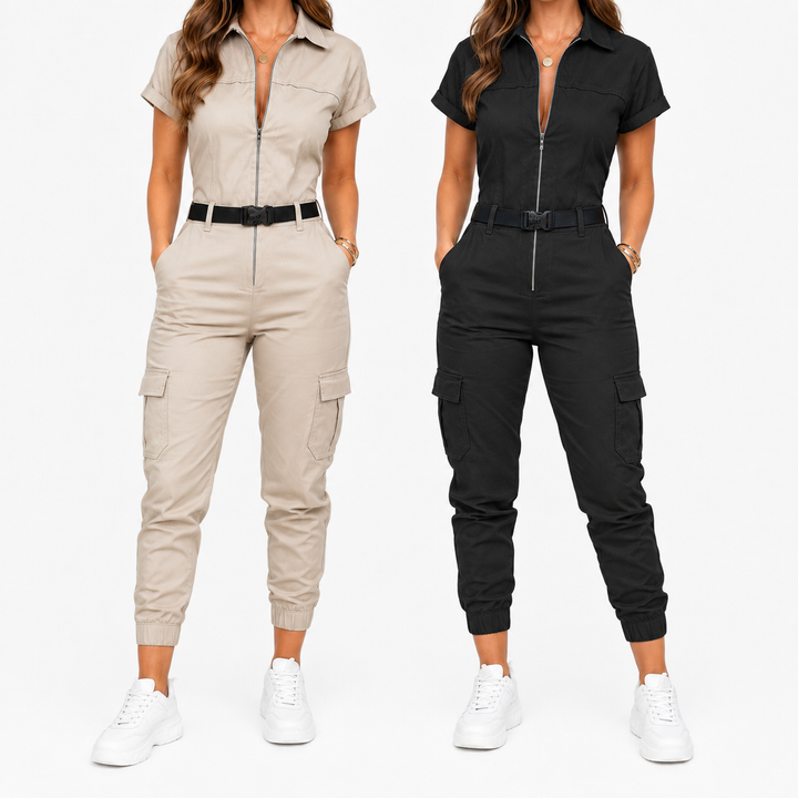 Utility jumpsuit variant presentation showing the verified Silver Gray and Black color options for shown for online shopping.