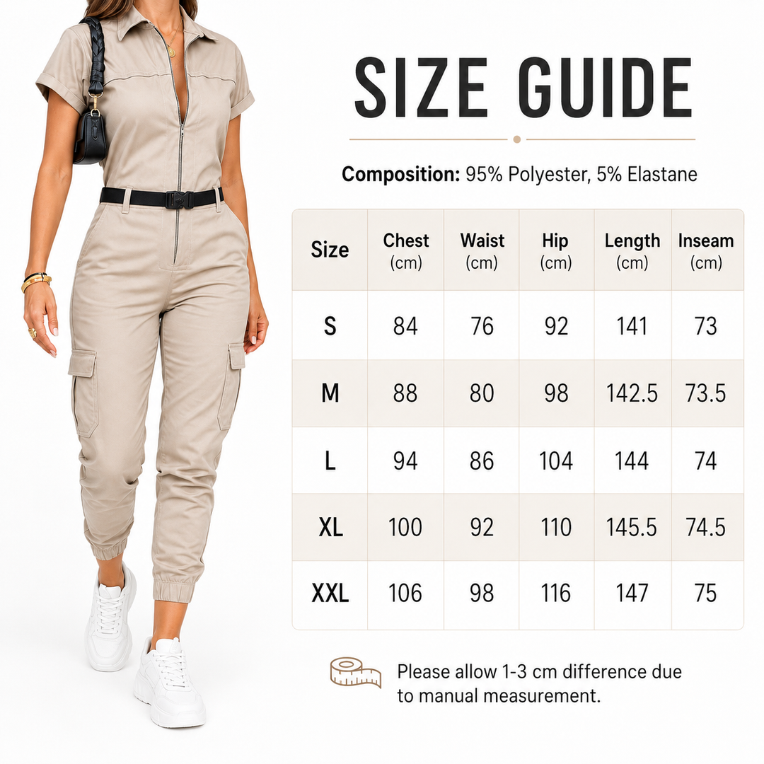 Utility jumpsuit size guide with verified S M L XL and 2XL measurements for chest waist hip length and inseam product detail.