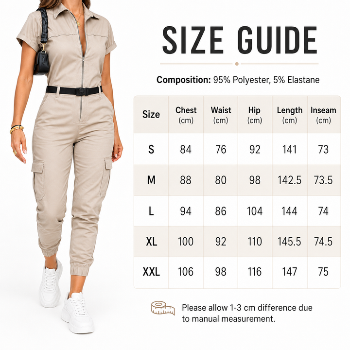 Utility jumpsuit size guide with verified S M L XL and 2XL measurements for chest waist hip length and inseam product detail.