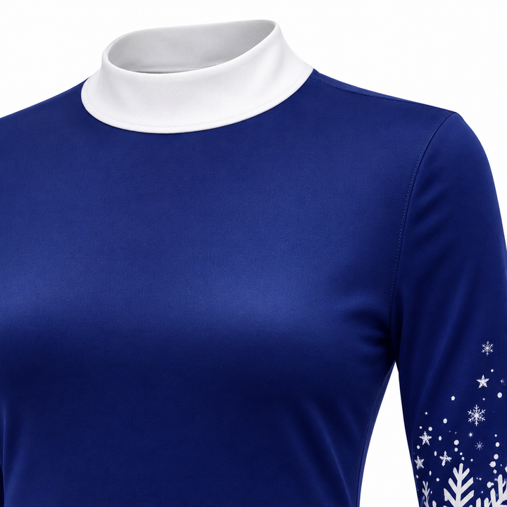 Close-up of blue Christmas dress white mock neck and long sleeve
