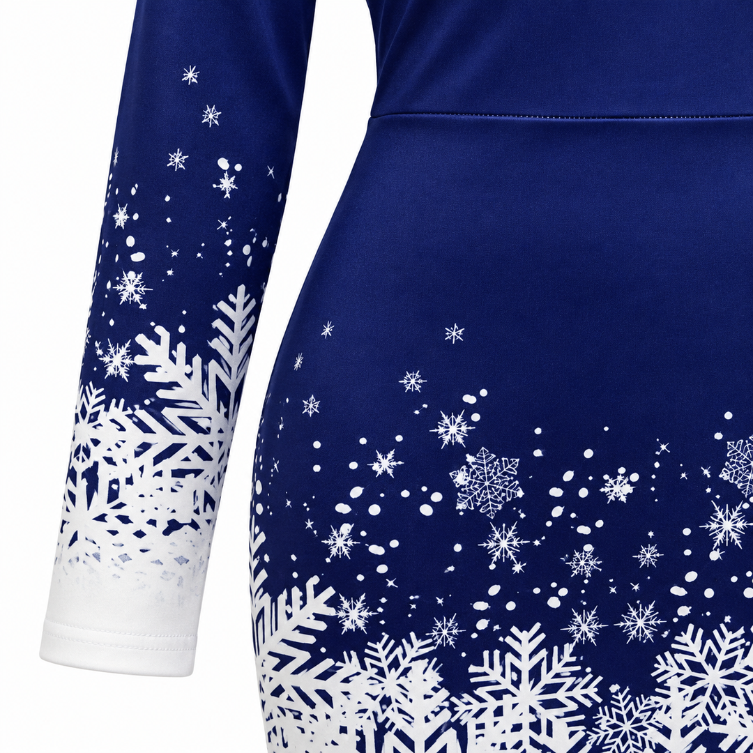 Close-up of blue Christmas dress snowflake print at sleeve and hem