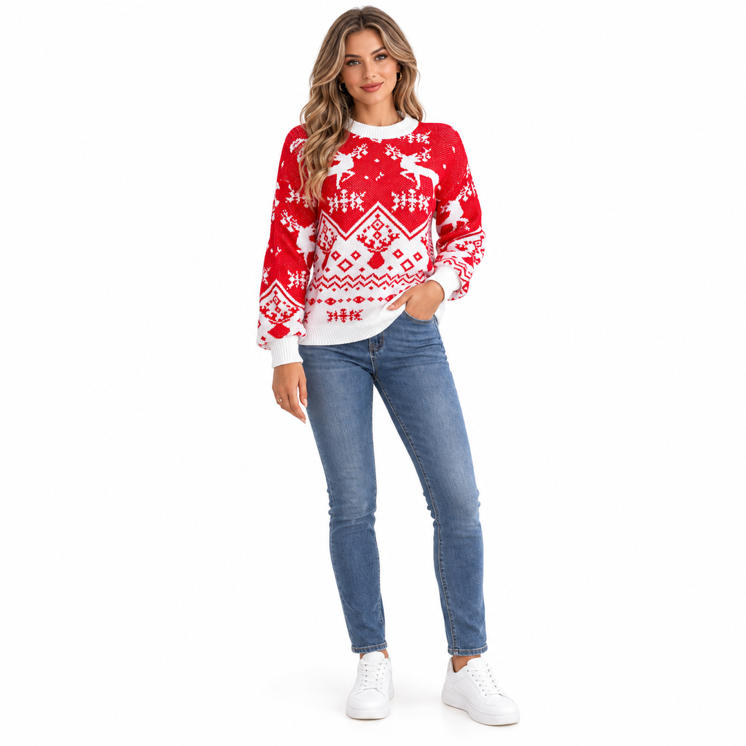Red women's Christmas sweater with deer pattern, front full-body view