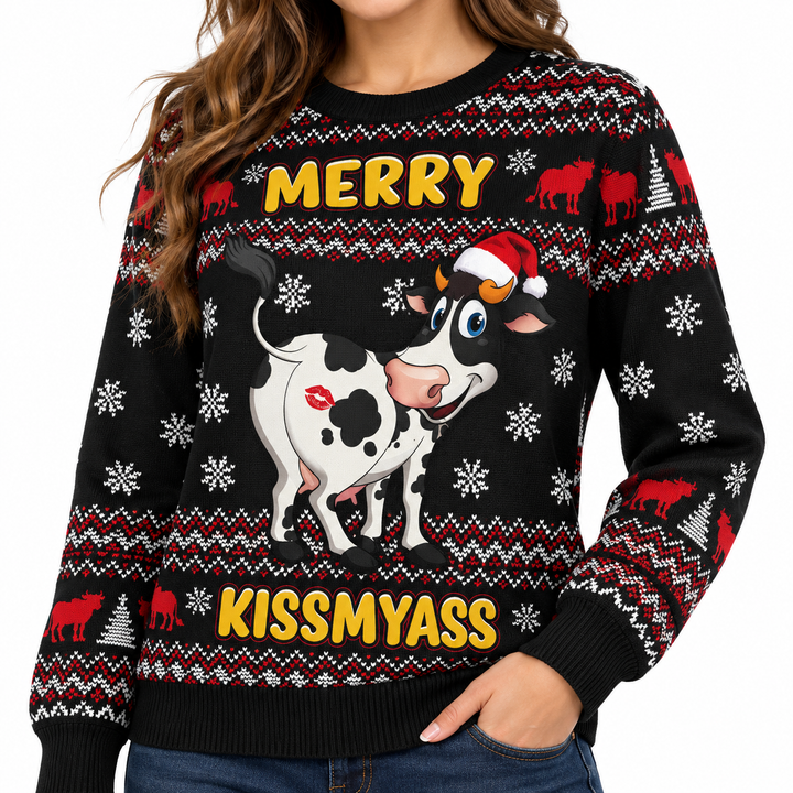 Close-up of printed Christmas sweatshirt showing festive cow graphic, cuff and pattern detail