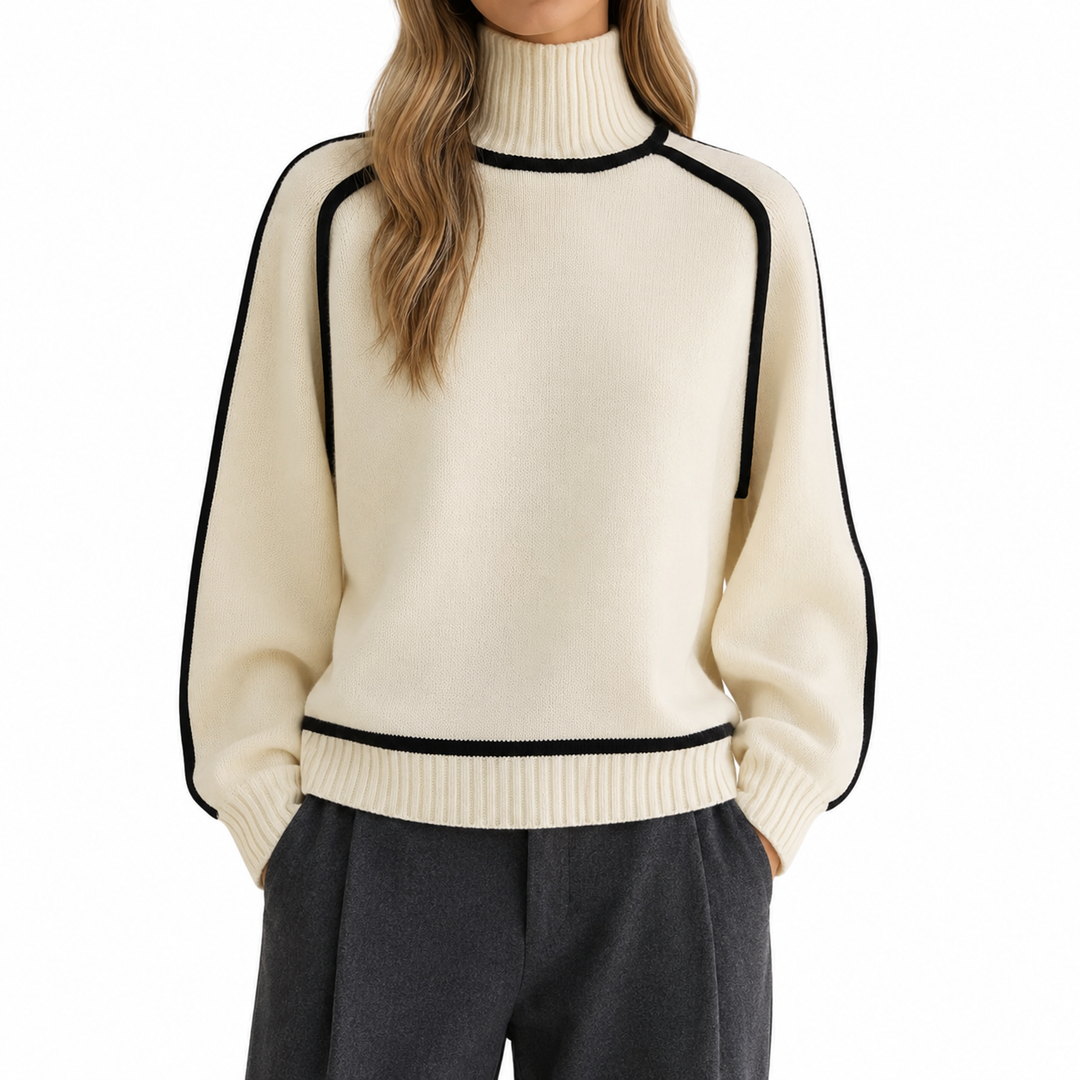 Women's contrast-trim turtleneck sweater in cream front view on white background
