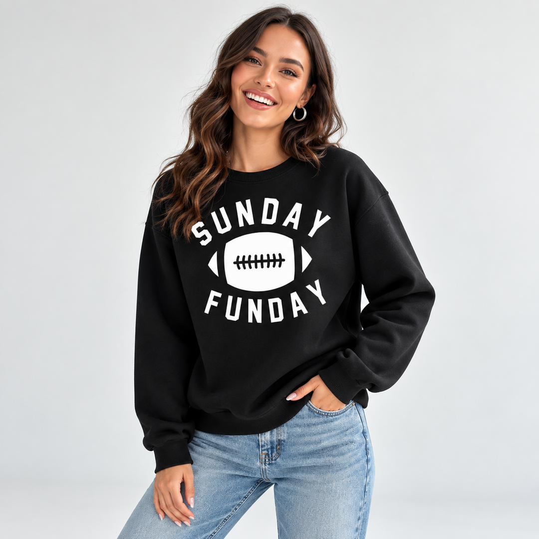 Black Sunday Funday football sweatshirt on a studio model with crew neck, long sleeves and casual fall styling in clear view.