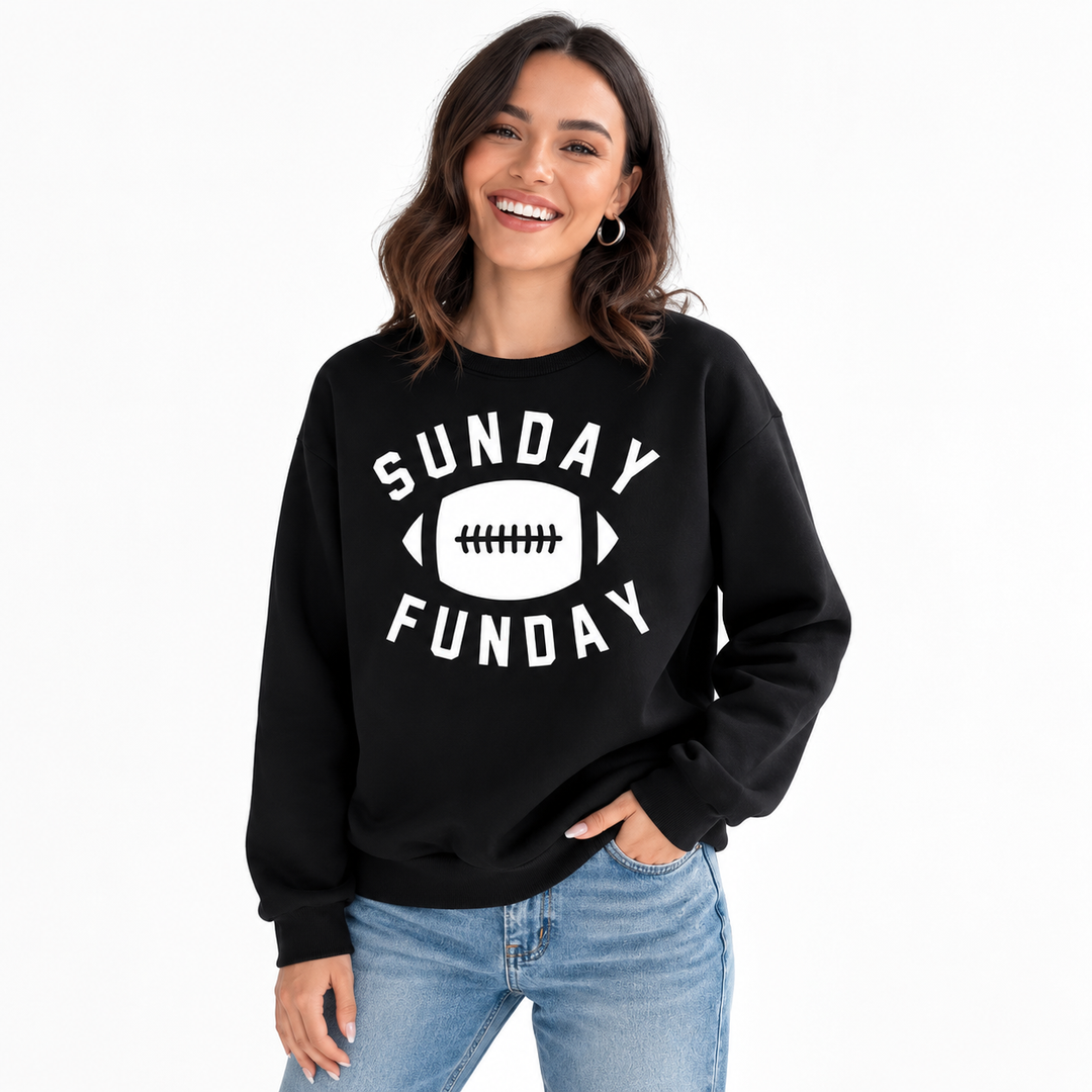 Sunday Funday crew neck sweatshirt in black with football graphic, long sleeves and regular fit shown on a clean studio model