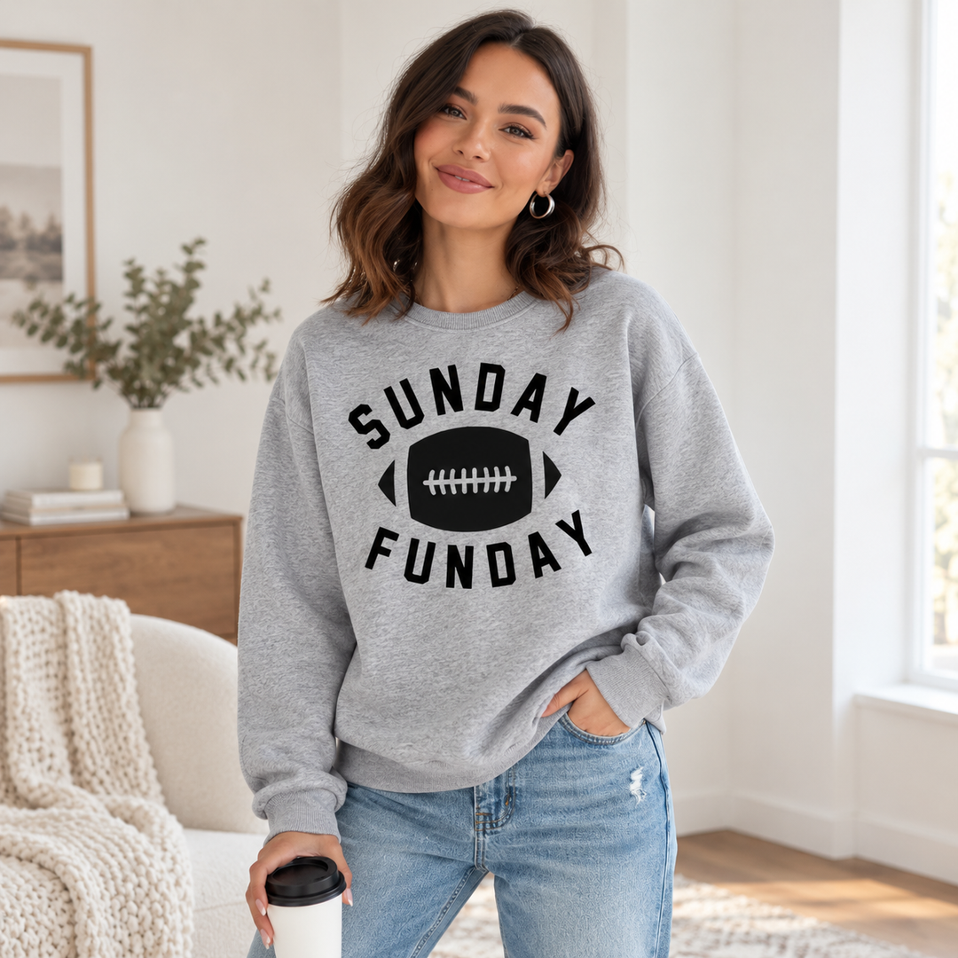 Sunday Funday crew neck sweatshirt in gray with football graphic styled on a model for an easy casual fall outfit look today.