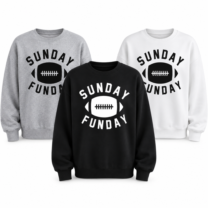 Black, gray and white sweatshirt variants shown with matching Sunday Funday football graphic and crew neck design color range