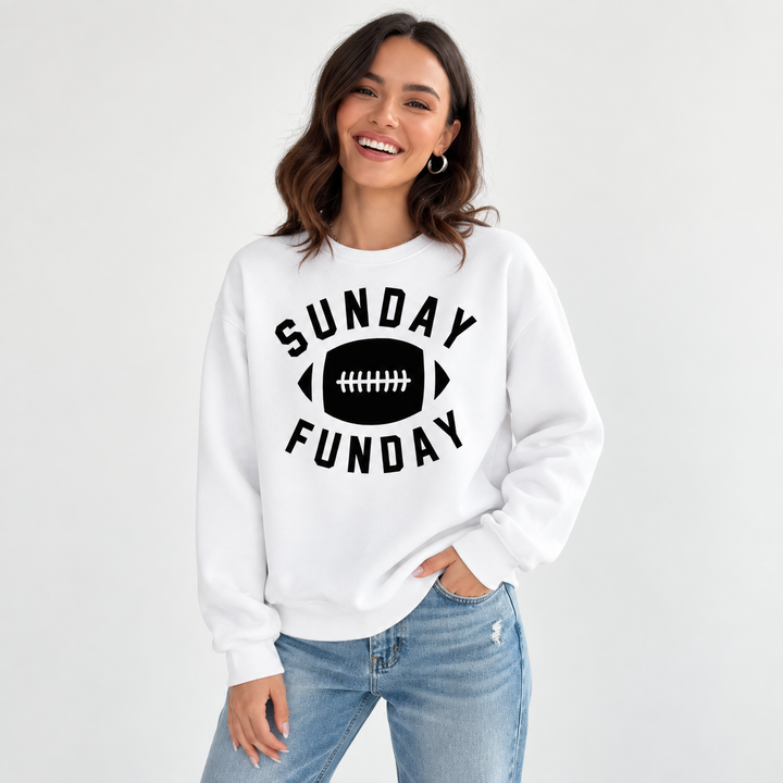 Sunday Funday crew neck sweatshirt in white with football graphic, ribbed neckline, long sleeves and front studio view shown.