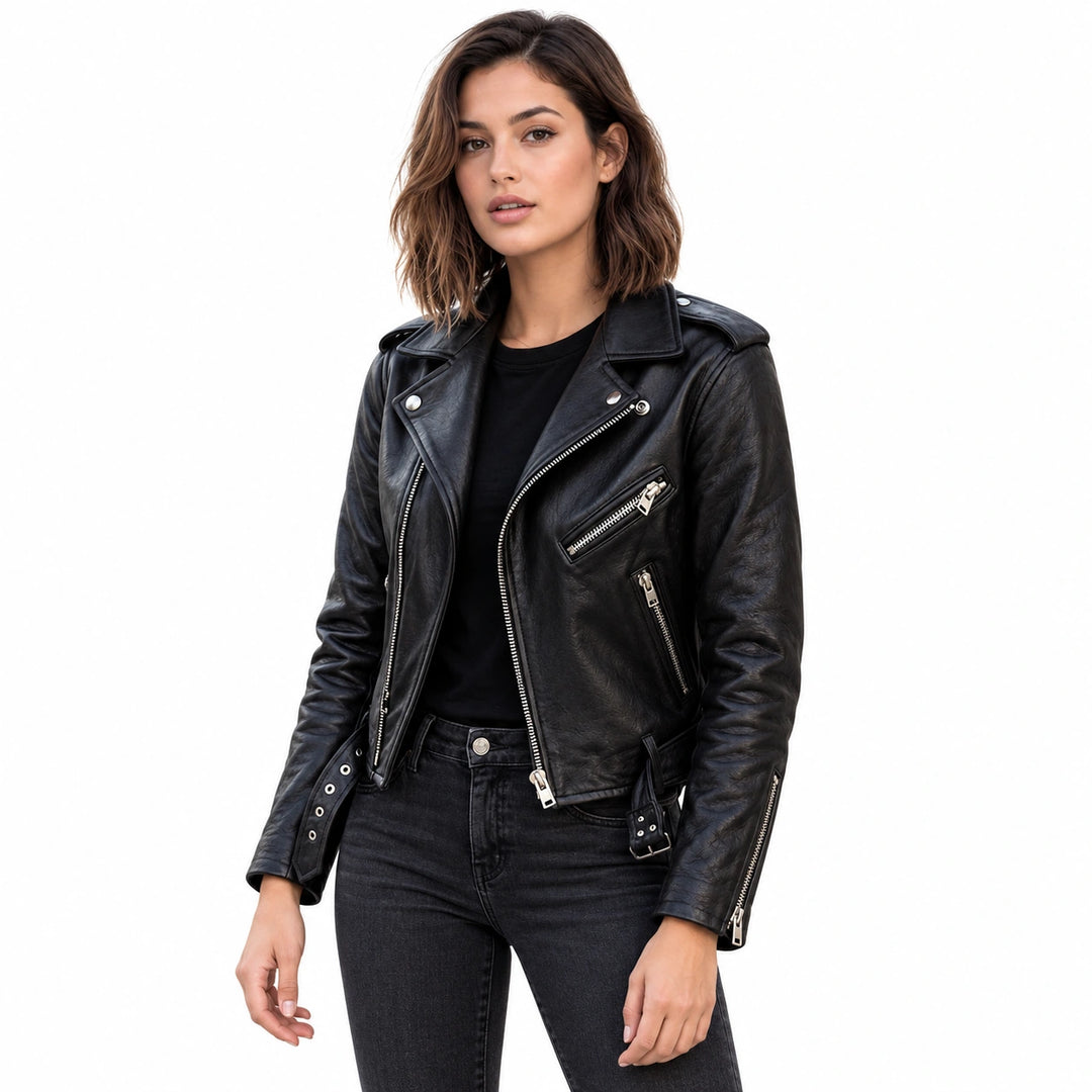 Women's black cropped faux leather biker jacket angle view