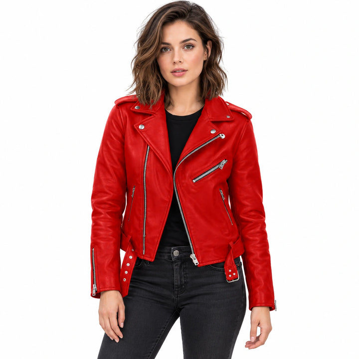Woman wearing a red faux leather biker jacket