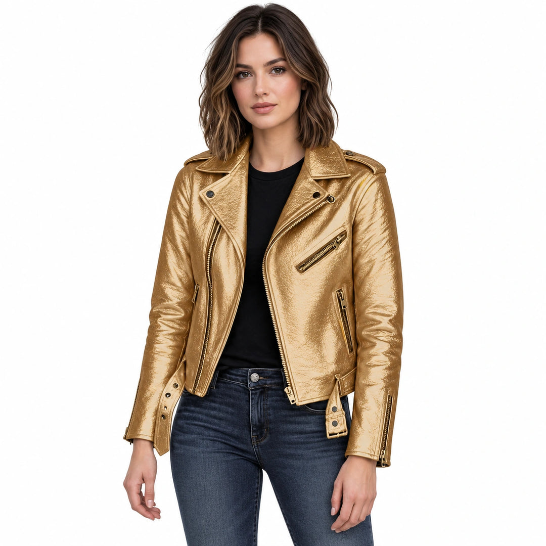 Woman wearing a gold faux leather biker jacket