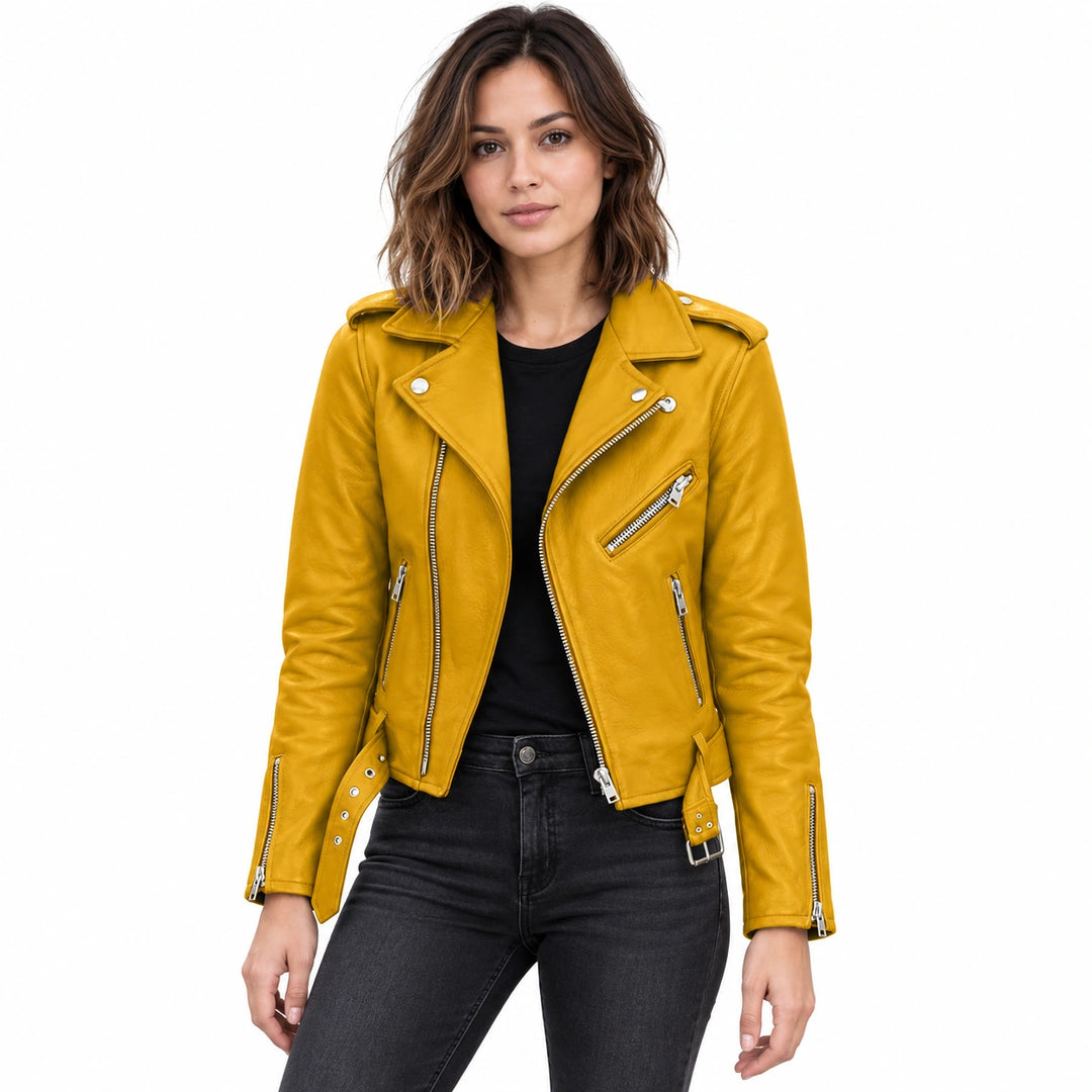 Woman wearing a mustard yellow faux leather biker jacket