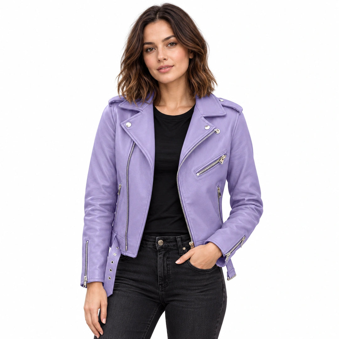 Woman wearing a lilac faux leather biker jacket