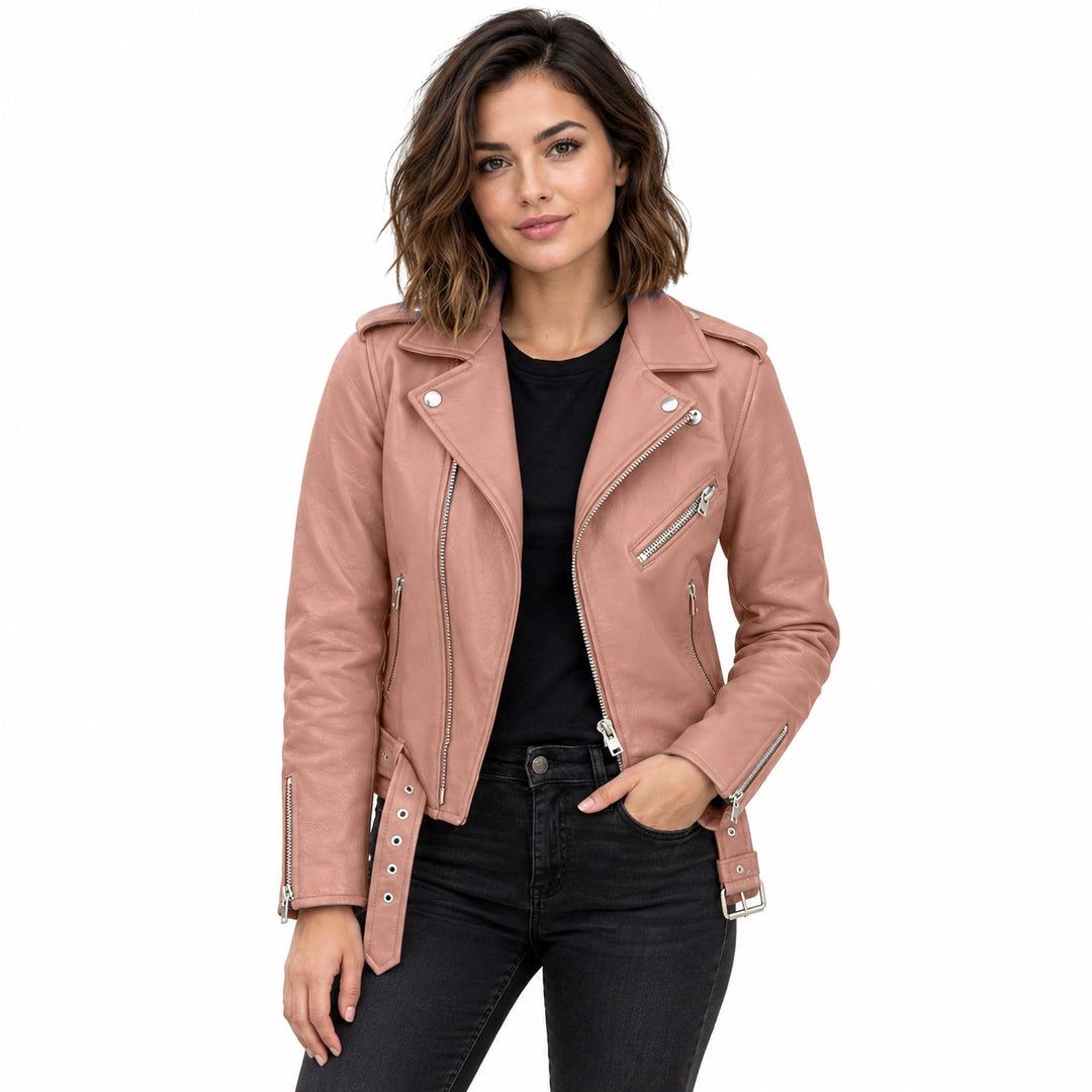 Woman wearing a dusty rose faux leather biker jacket