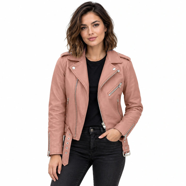 Woman wearing a dusty rose faux leather biker jacket
